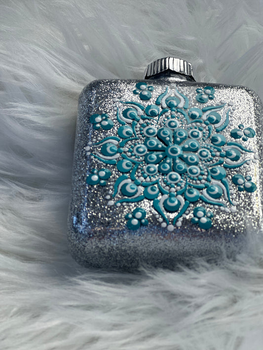 Glitter Christmas Ornament - Square - Silver, White and Turquoise