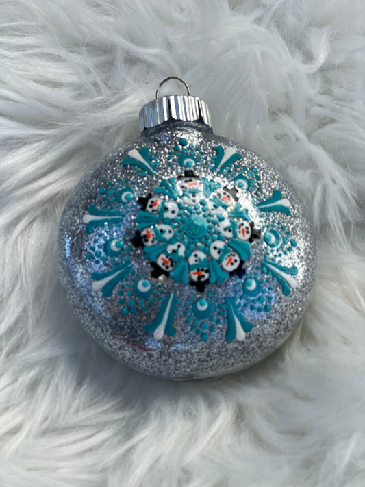 Glitter Christmas Ornament - Disc / Round - Silver, Turquoise, White - Snowmen