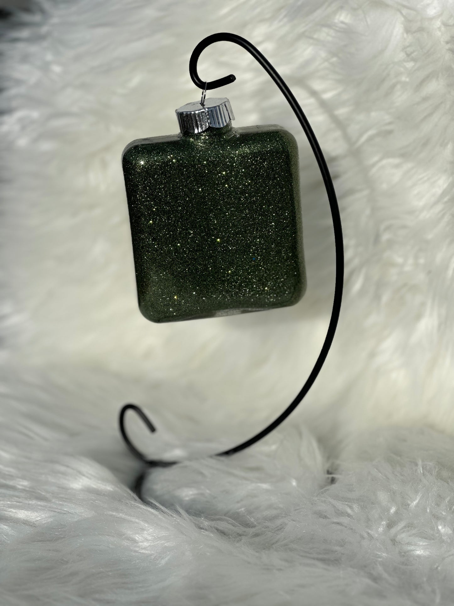 Glitter Christmas Ornament - Square - Dark Green, White Snowmen