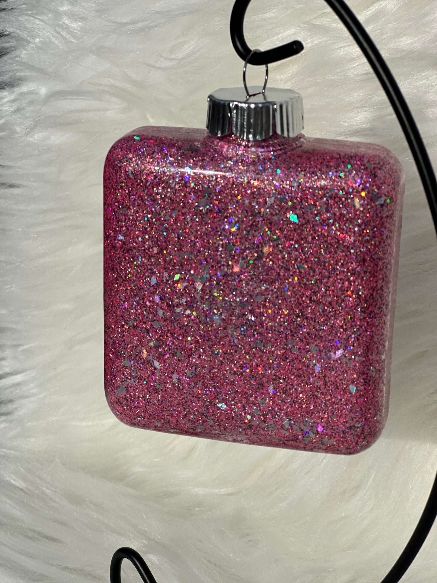 Glitter Christmas Ornament - Square - Pinks, White - Dog Paws