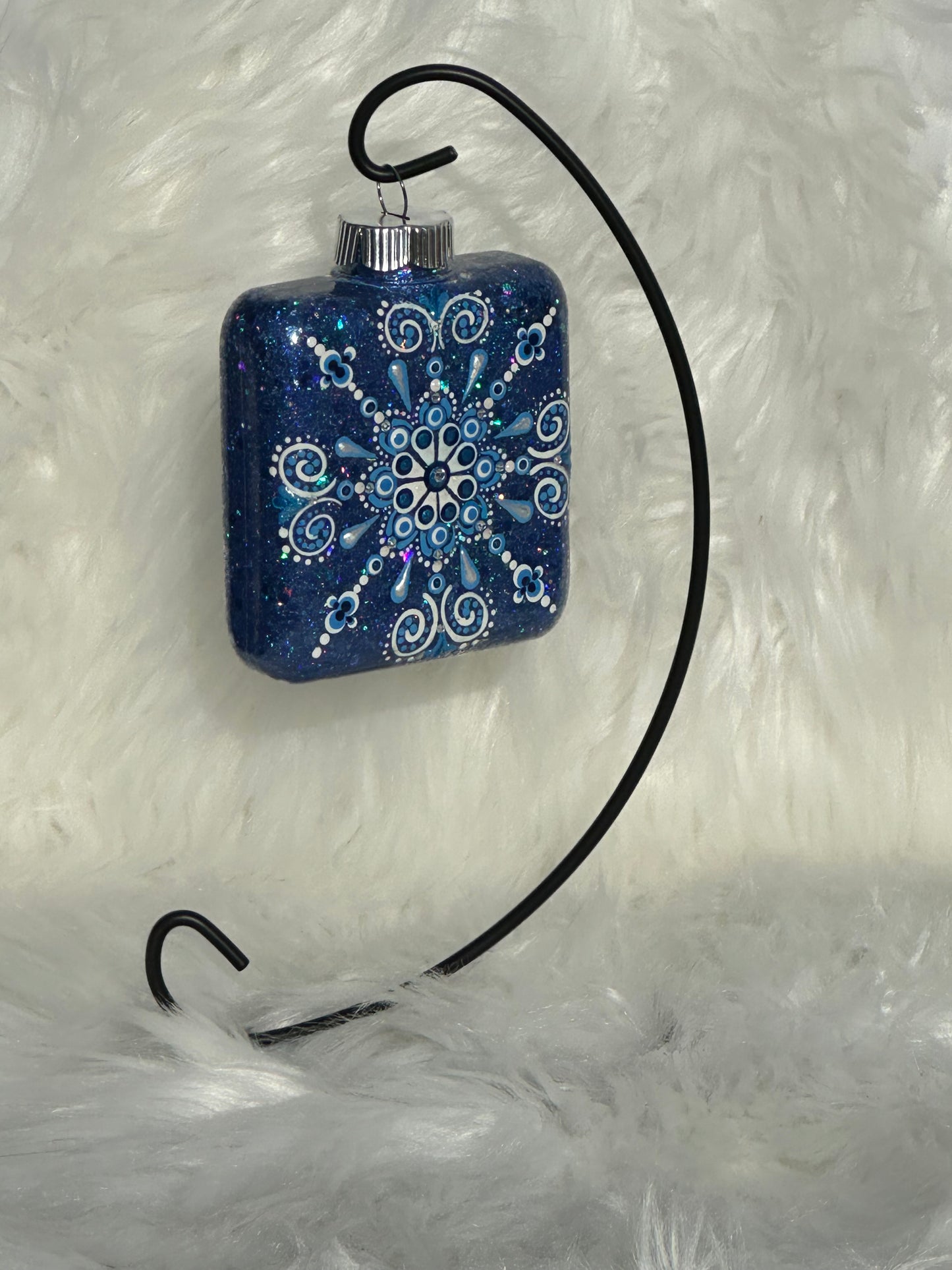 Glitter Christmas Ornament - Square - Blues, White, Rhinestones