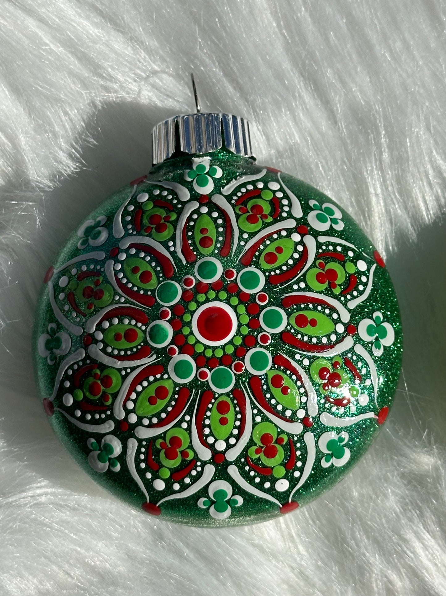 Glitter Christmas Ornament - Disc / Round -Green, Red, White