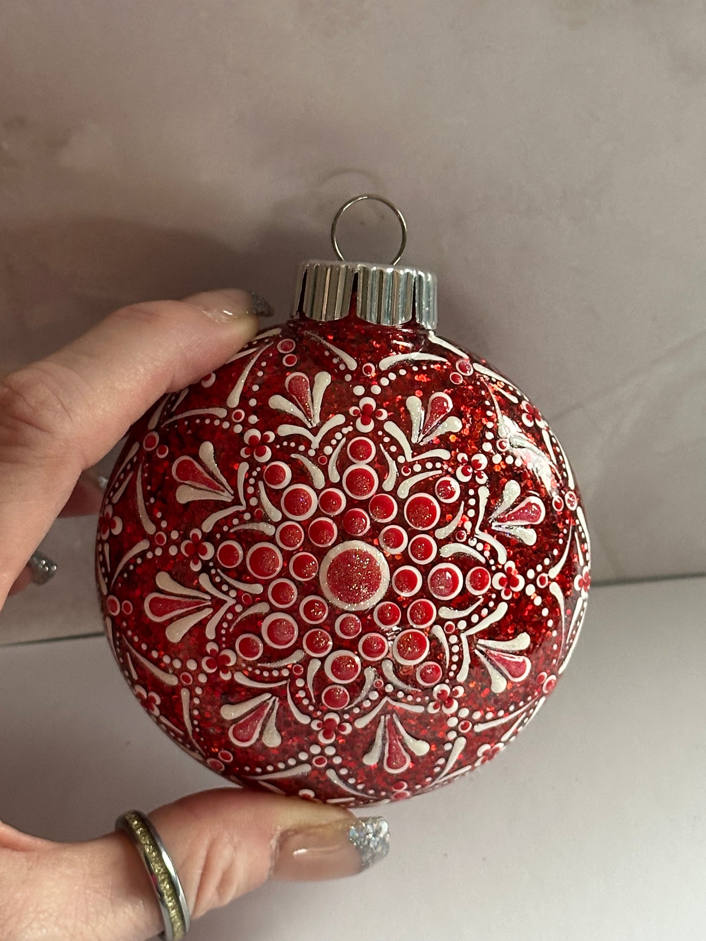 Glitter Christmas Ornament - Disc / Round - Red, White