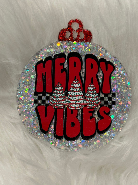 Flat Glitter Christmas Ornament - Round - Silver "Merry Vibes"