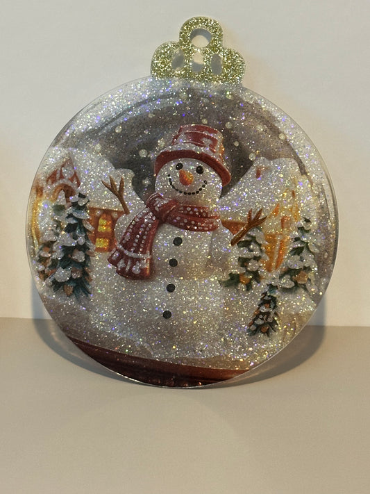 Flat Glitter Christmas Ornament - Round - White - Snowman