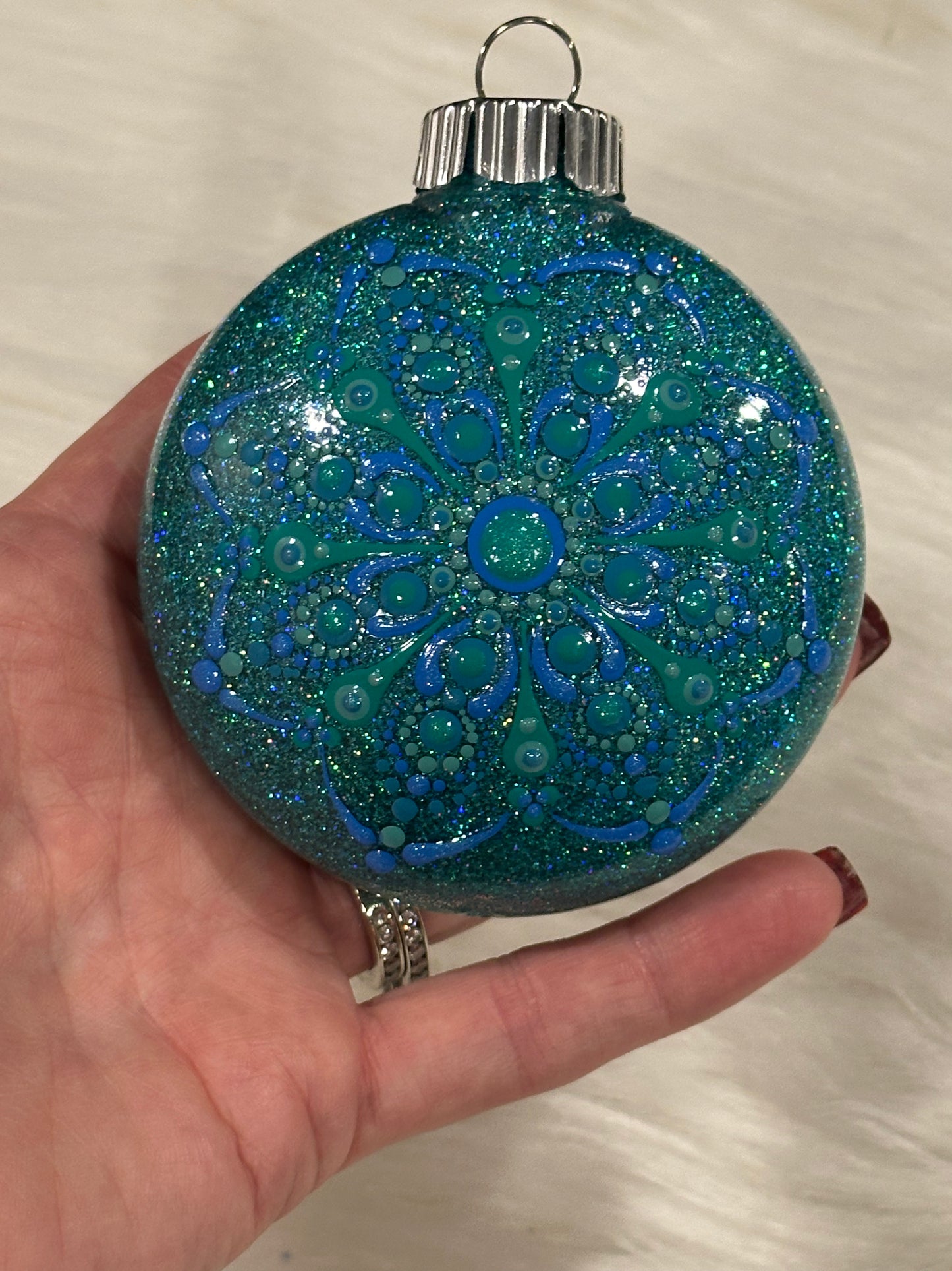 Glitter Christmas Ornament - Disc / Round -Turquoise, Blue