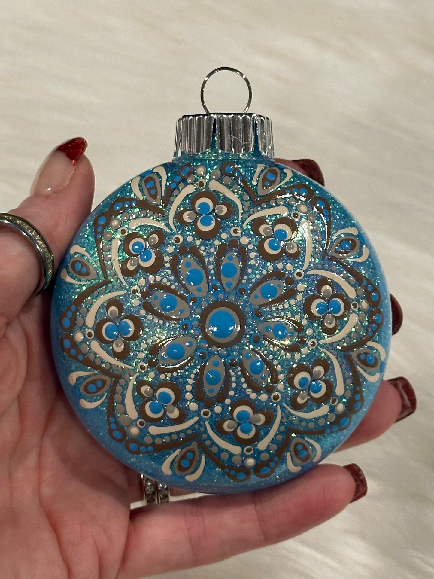 Glitter Christmas Ornament - Disc / Round - Blues, Brown, White