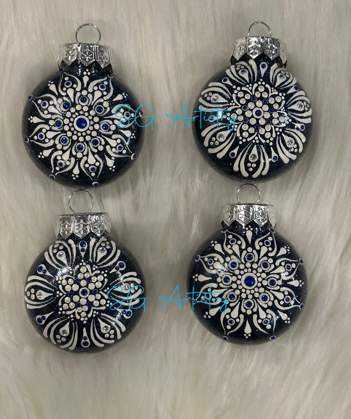 Glitter Christmas Ornament - Disc / Round -Blue, White, Rhinestones