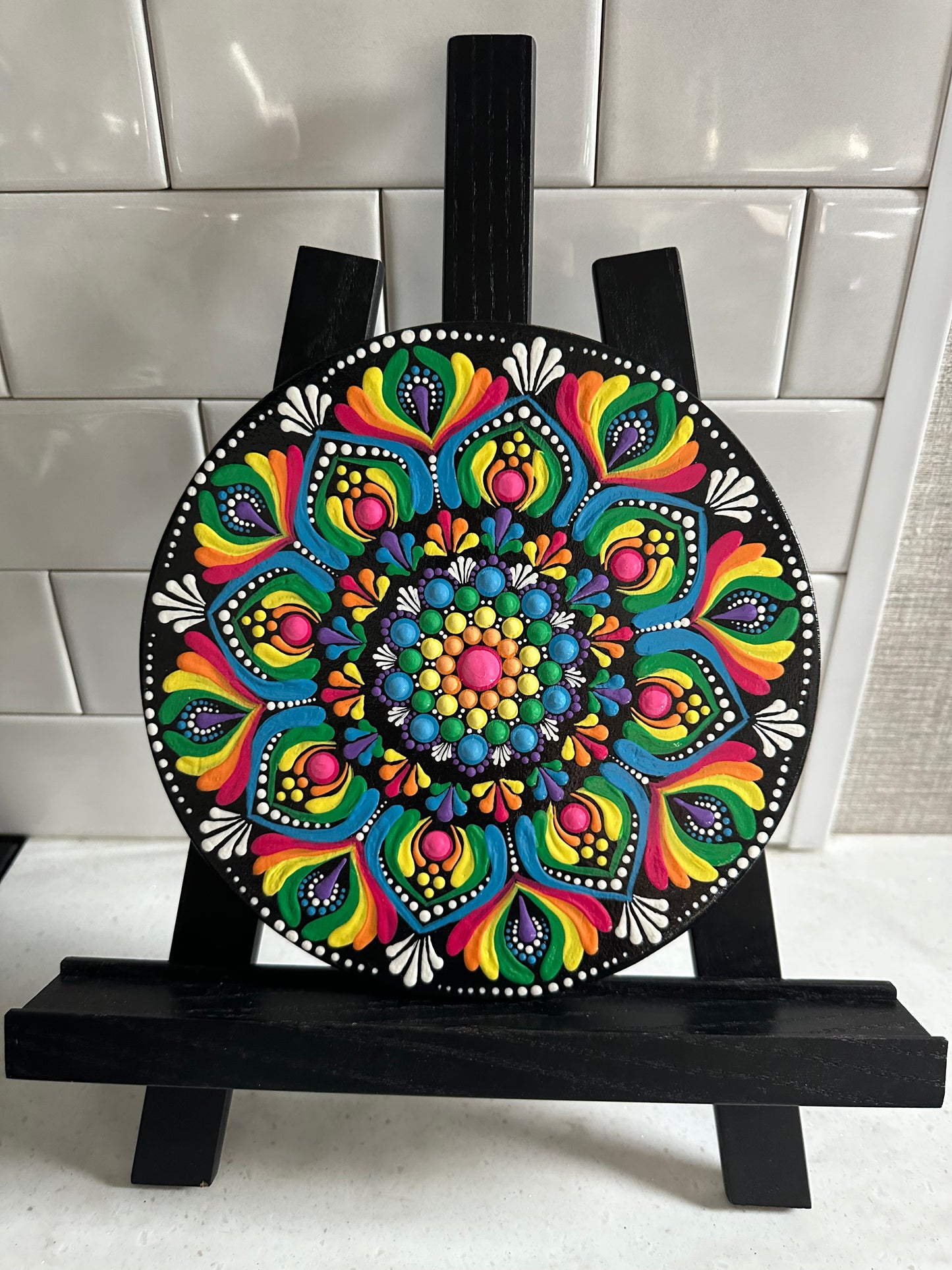 8.5" Wood Round Mandala Painting - Rainbow