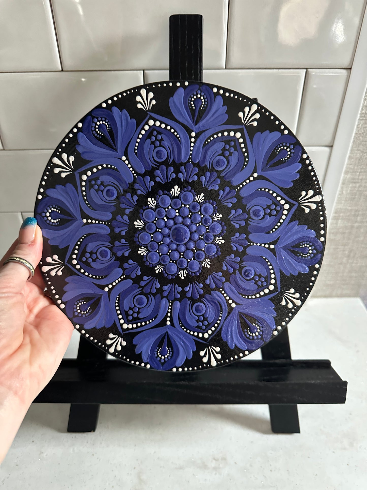 8.5" Wood Round Mandala Painting - Purples And White