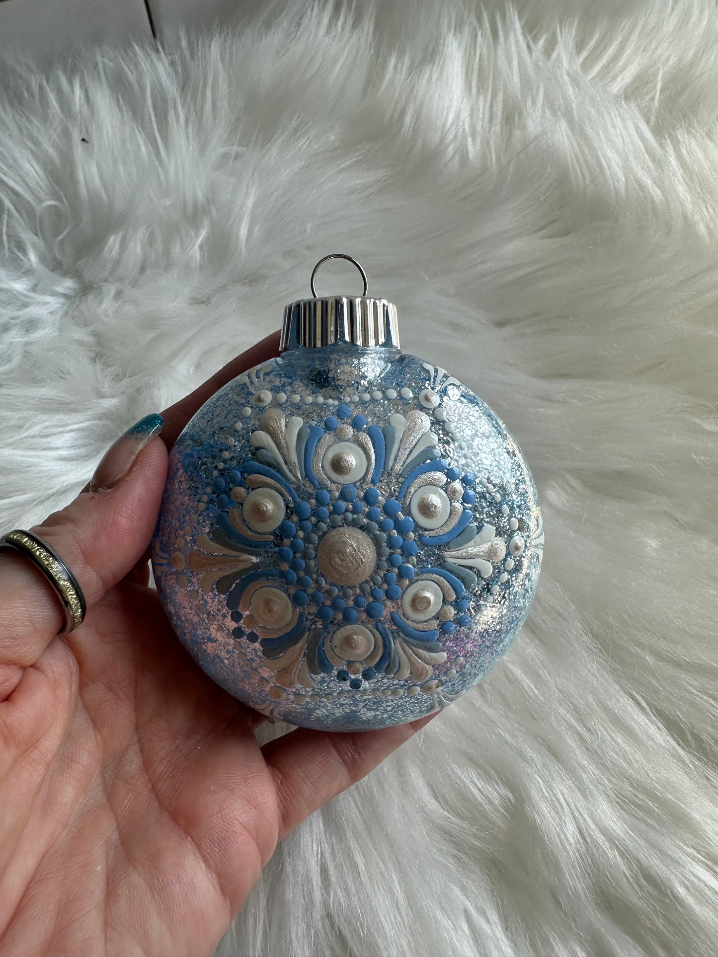 Glitter Christmas Ornament - Disc / Round - Baby Blue, White And Silver