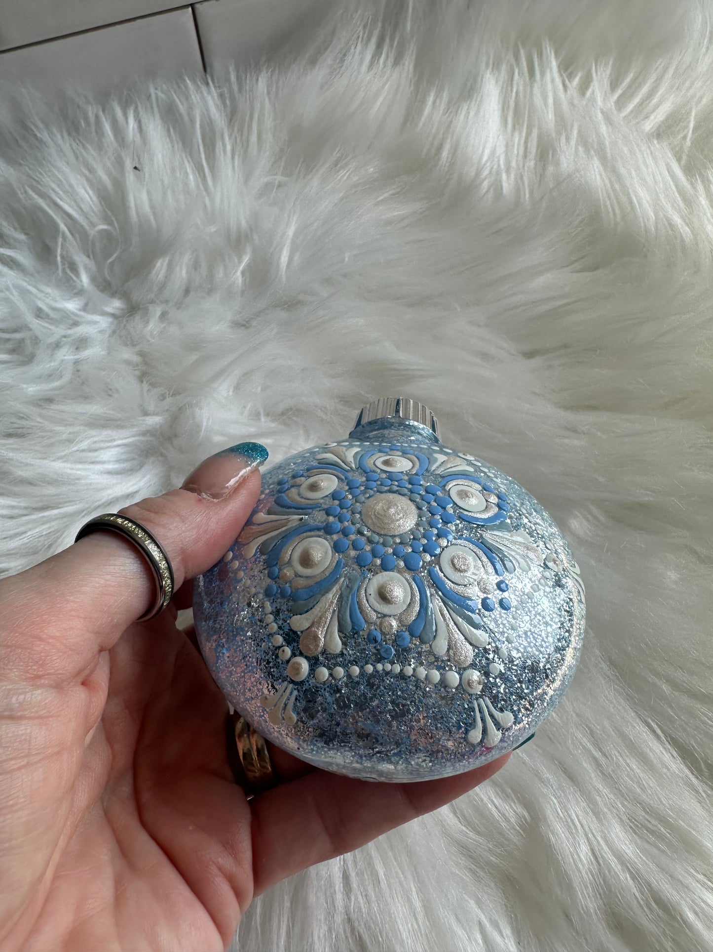 Glitter Christmas Ornament - Disc / Round - Baby Blue, White And Silver