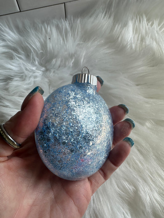 Glitter Christmas Ornament - Disc / Round - Baby Blue, White And Silver