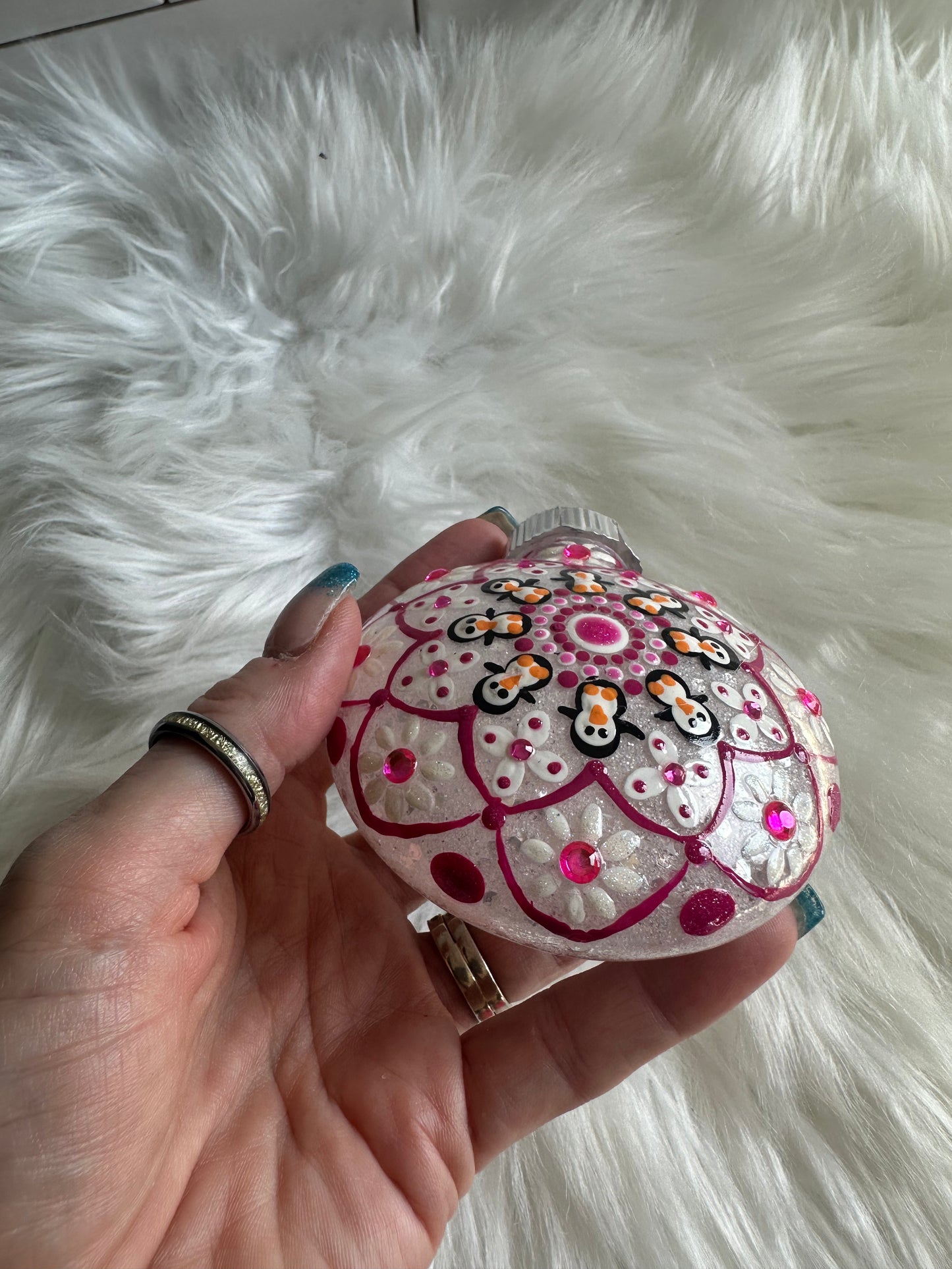 Glitter Christmas Ornament - Disc / Round - White, Pink with Rhinestones and Penguins