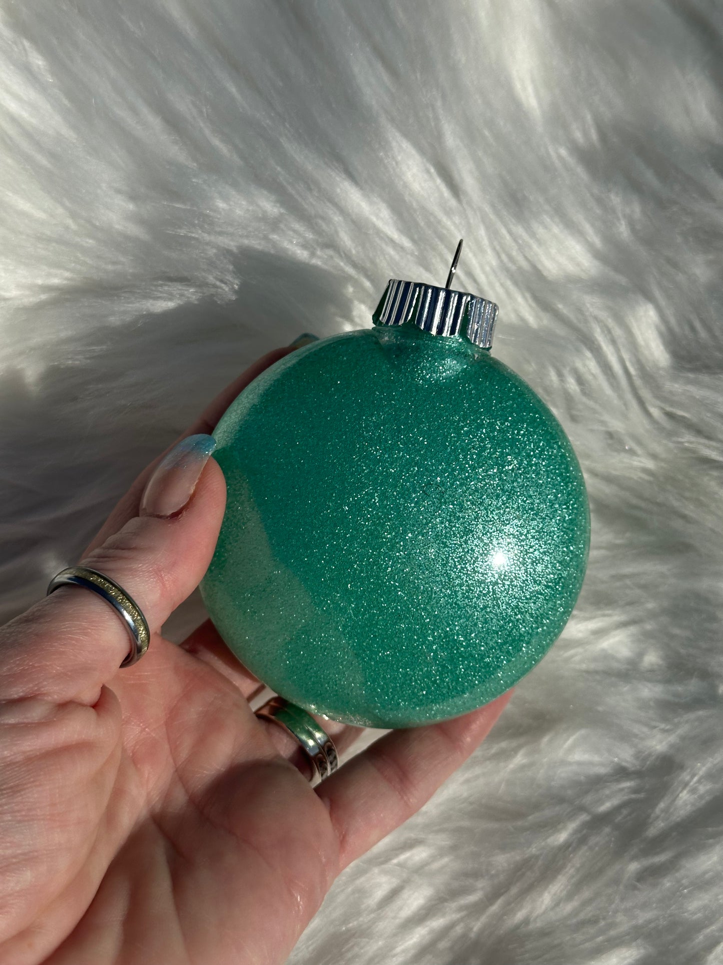 Glitter Christmas Ornament - Disc / Round -Mint Green And White