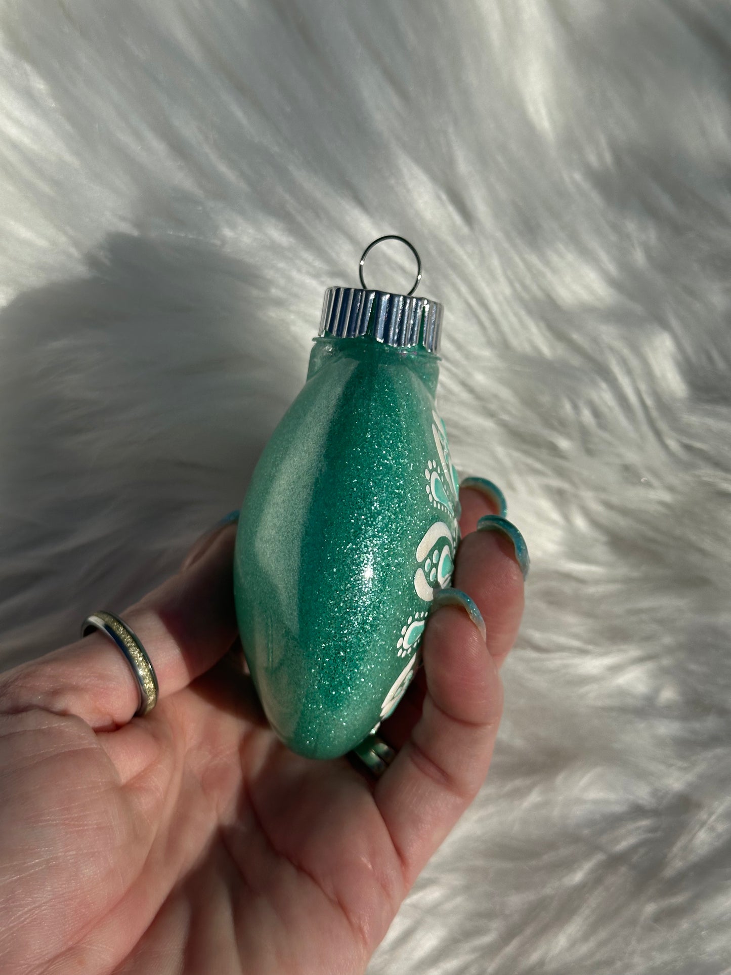 Glitter Christmas Ornament - Disc / Round -Mint Green And White