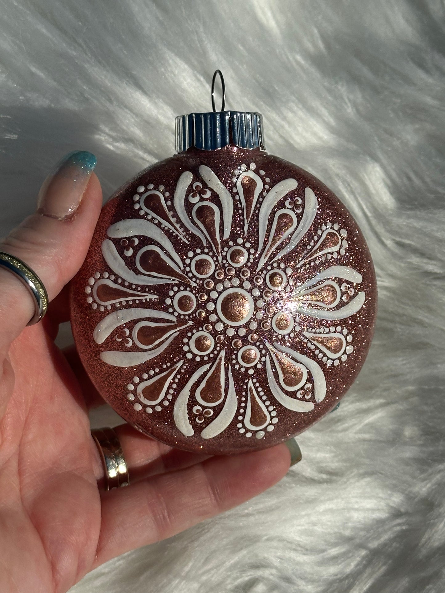 Glitter Christmas Ornament - Disc / Round - Rose Gold And White
