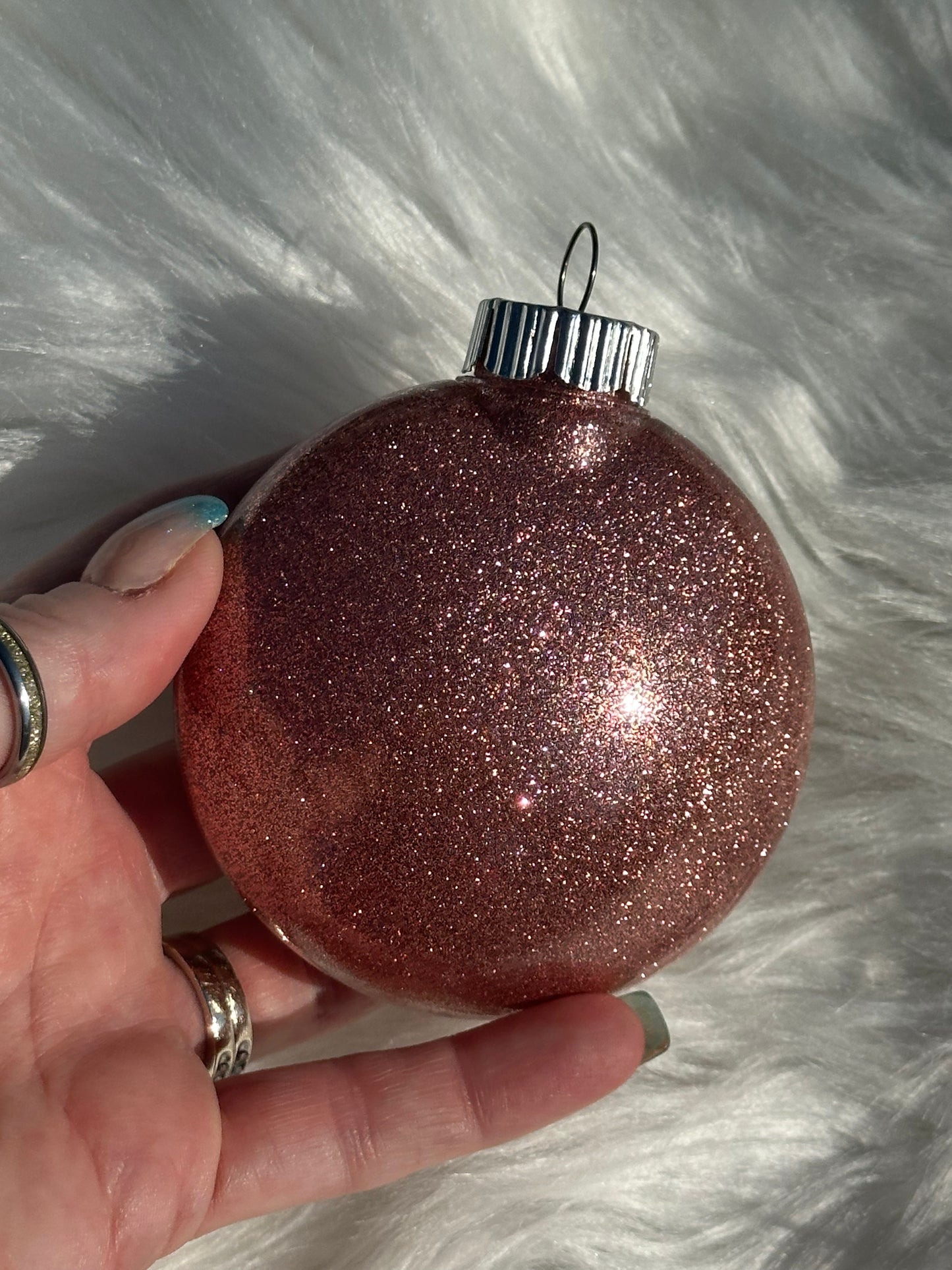 Glitter Christmas Ornament - Disc / Round - Rose Gold And White
