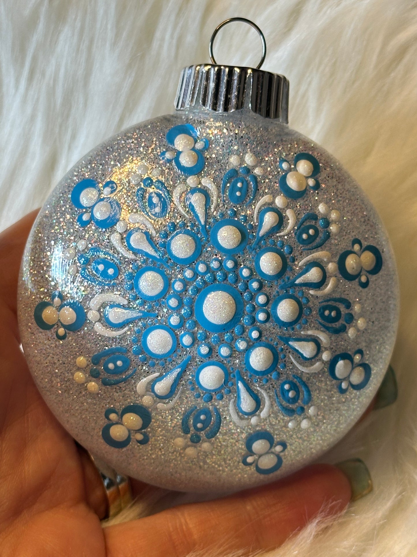 Glitter Christmas Ornament - Disc / Round - White, Light Blue