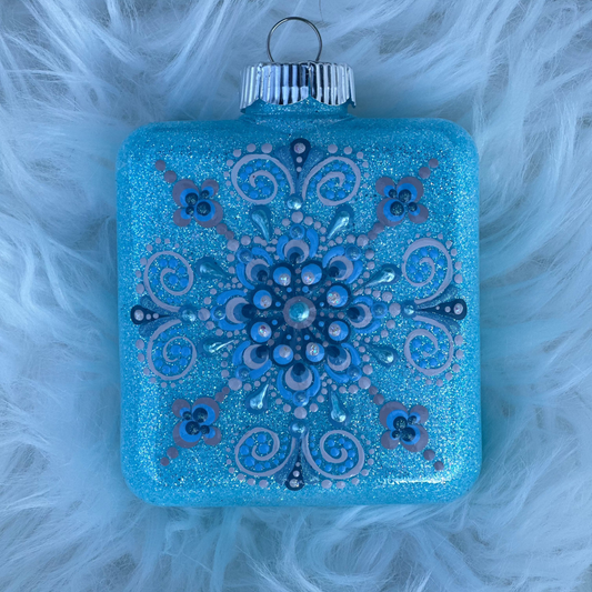Glitter Christmas Ornament - Square - Blues, White
