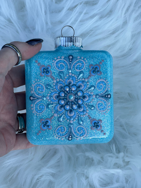 Glitter Christmas Ornament - Square - Blues, White
