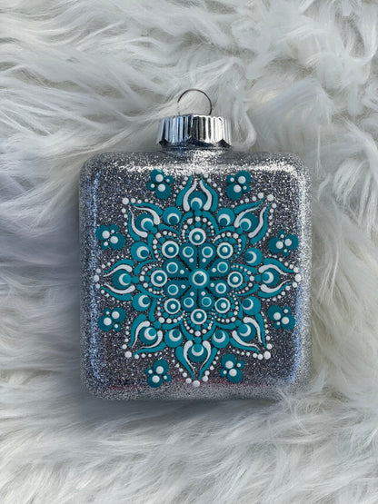Glitter Christmas Ornament - Square - Silver, White and Turquoise