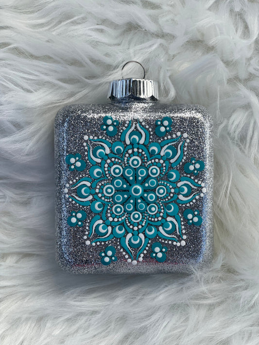 Glitter Christmas Ornament - Square - Silver, White and Turquoise