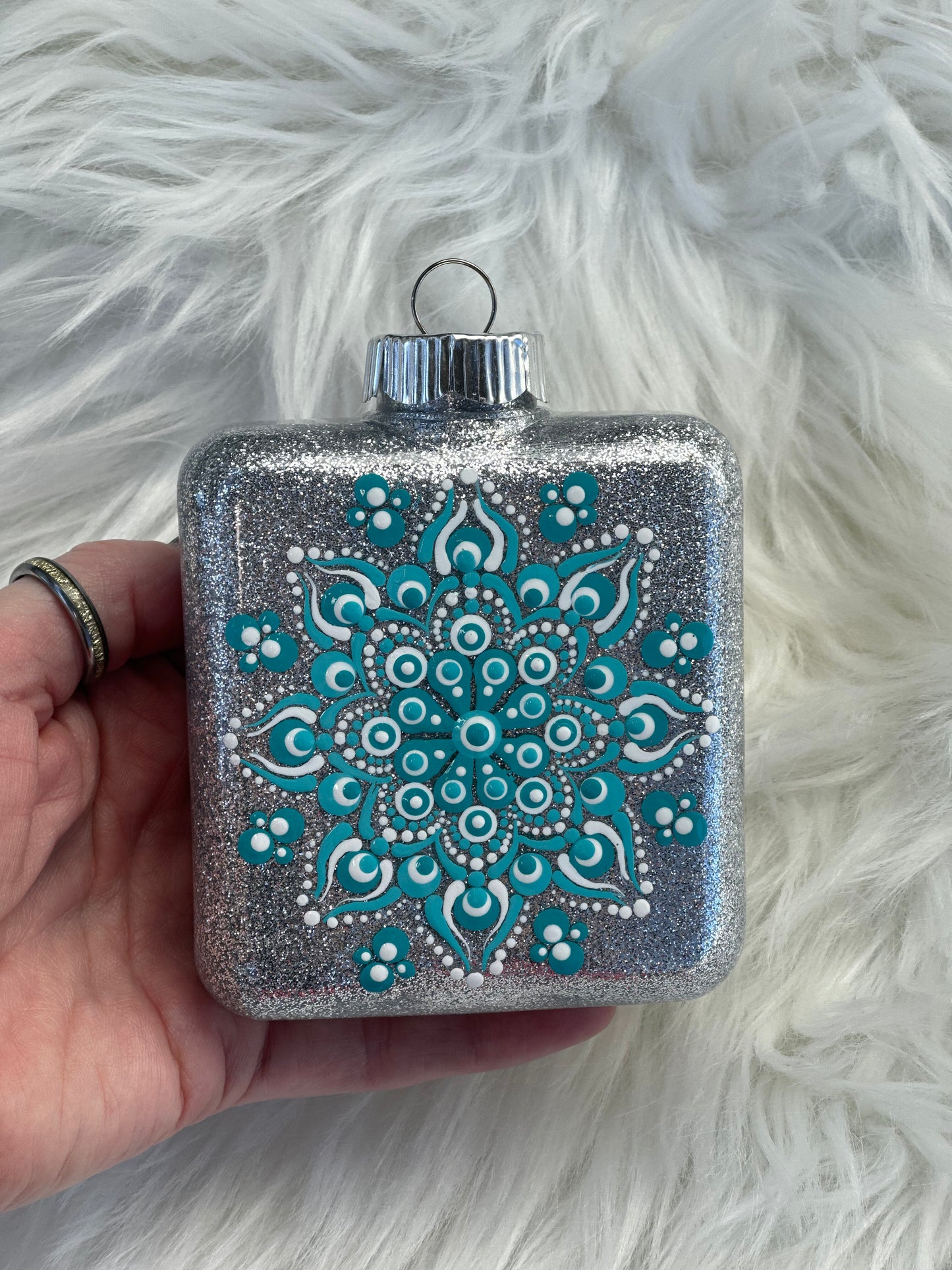 Glitter Christmas Ornament - Square - Silver, White and Turquoise