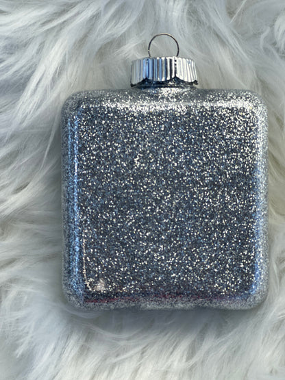 Glitter Christmas Ornament - Square - Silver, White and Turquoise