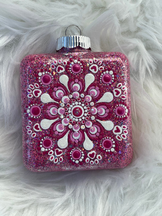 Glitter Christmas Ornament - Square - Pinks, White - Dog Paws