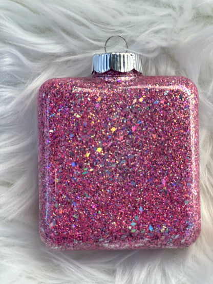 Glitter Christmas Ornament - Square - Pinks, White - Dog Paws