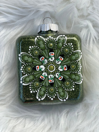 Glitter Christmas Ornament - Square - Dark Green, White Snowmen