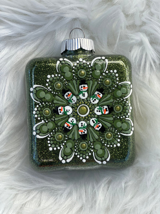 Glitter Christmas Ornament - Square - Dark Green, White Snowmen