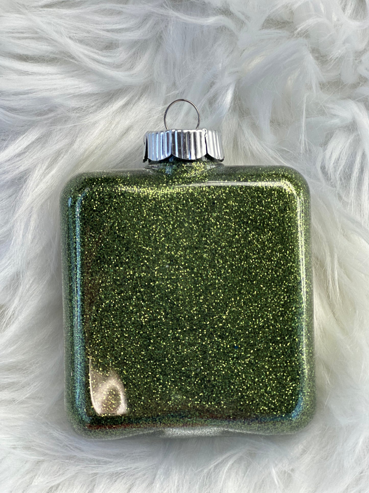 Glitter Christmas Ornament - Square - Dark Green, White Snowmen