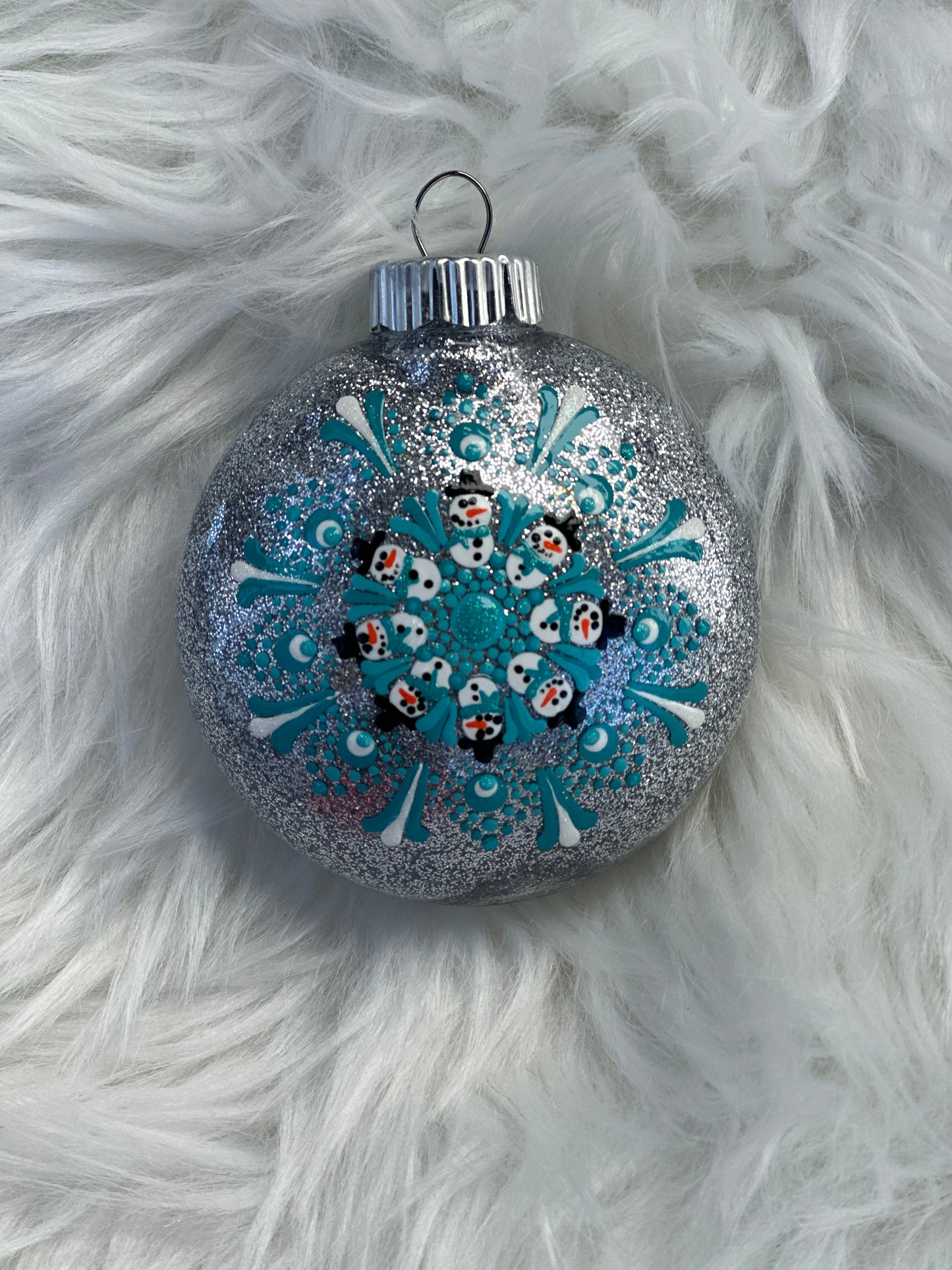 Glitter Christmas Ornament - Disc / Round - Silver, Turquoise, White - Snowmen