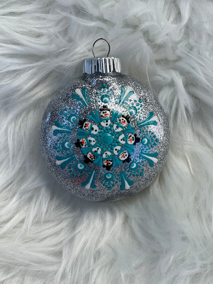 Glitter Christmas Ornament - Disc / Round - Silver, Turquoise, White - Snowmen