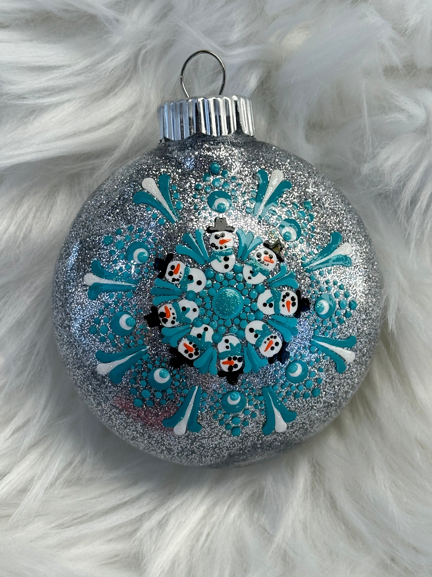 Glitter Christmas Ornament - Disc / Round - Silver, Turquoise, White - Snowmen