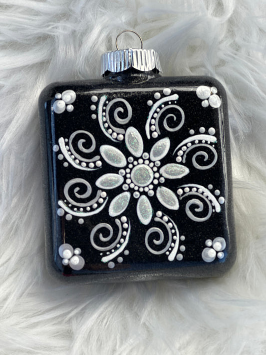 Glitter Christmas Ornament - Square - Black, White, Silver