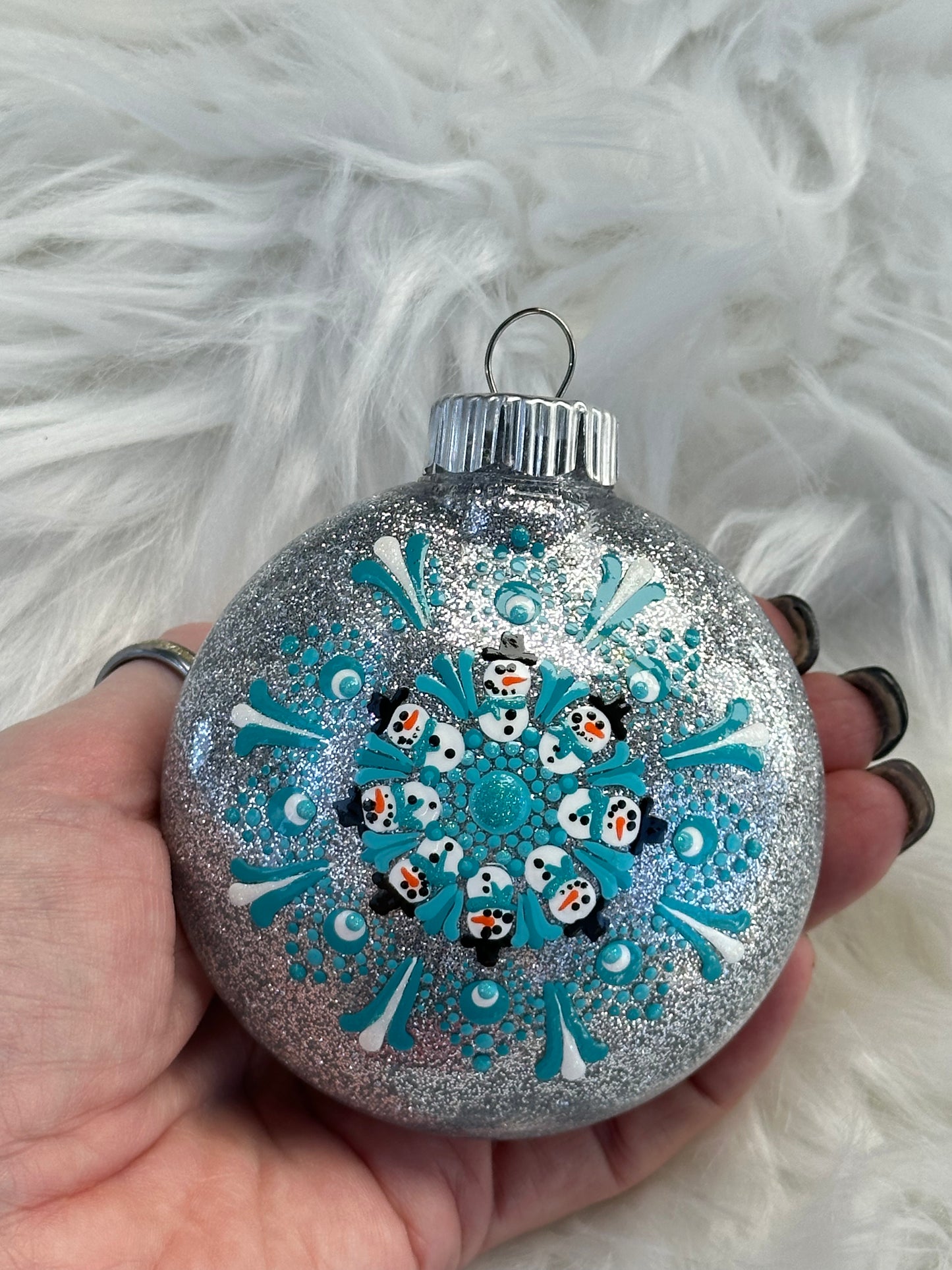 Glitter Christmas Ornament - Disc / Round - Silver, Turquoise, White - Snowmen