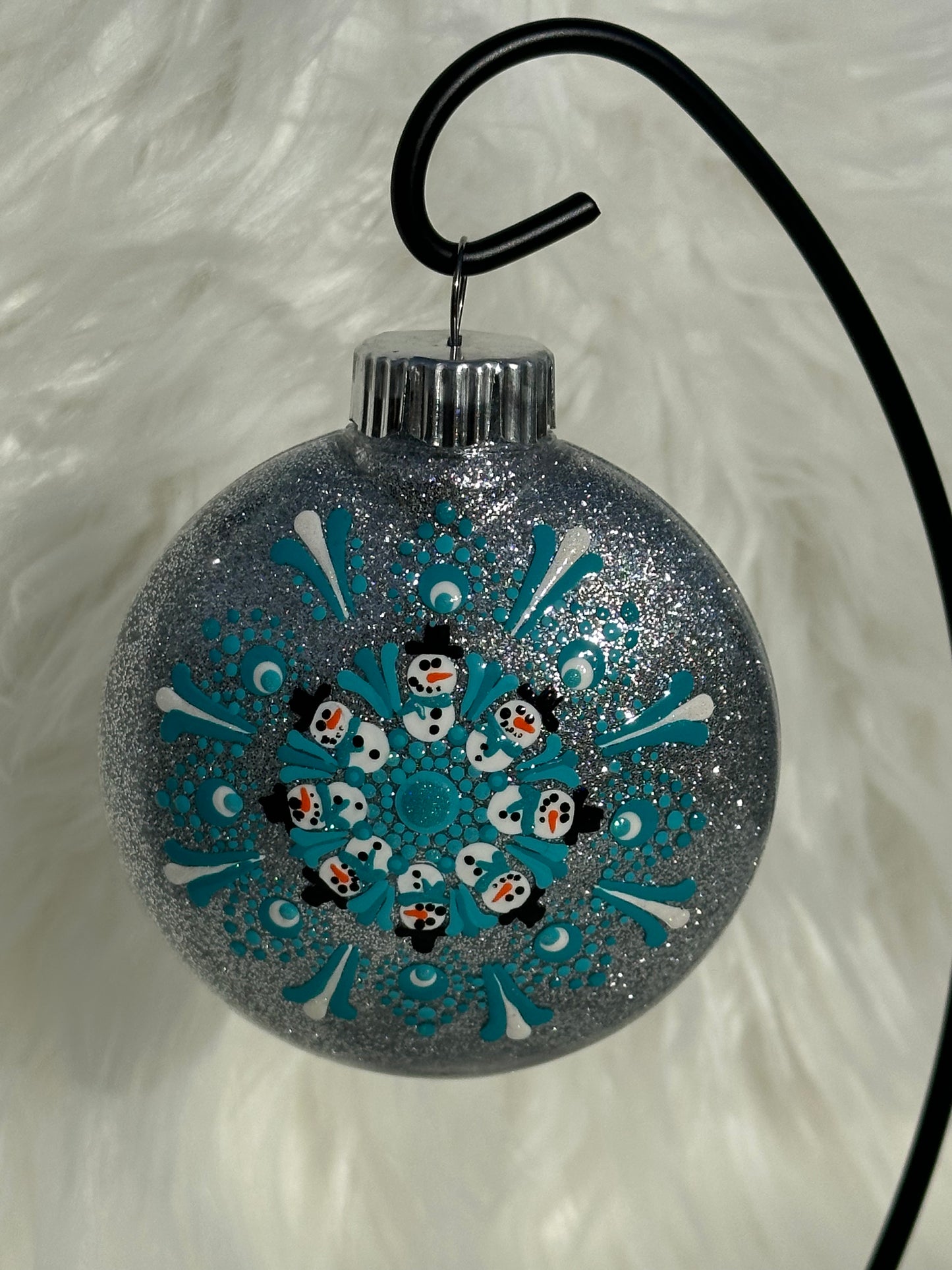 Glitter Christmas Ornament - Disc / Round - Silver, Turquoise, White - Snowmen