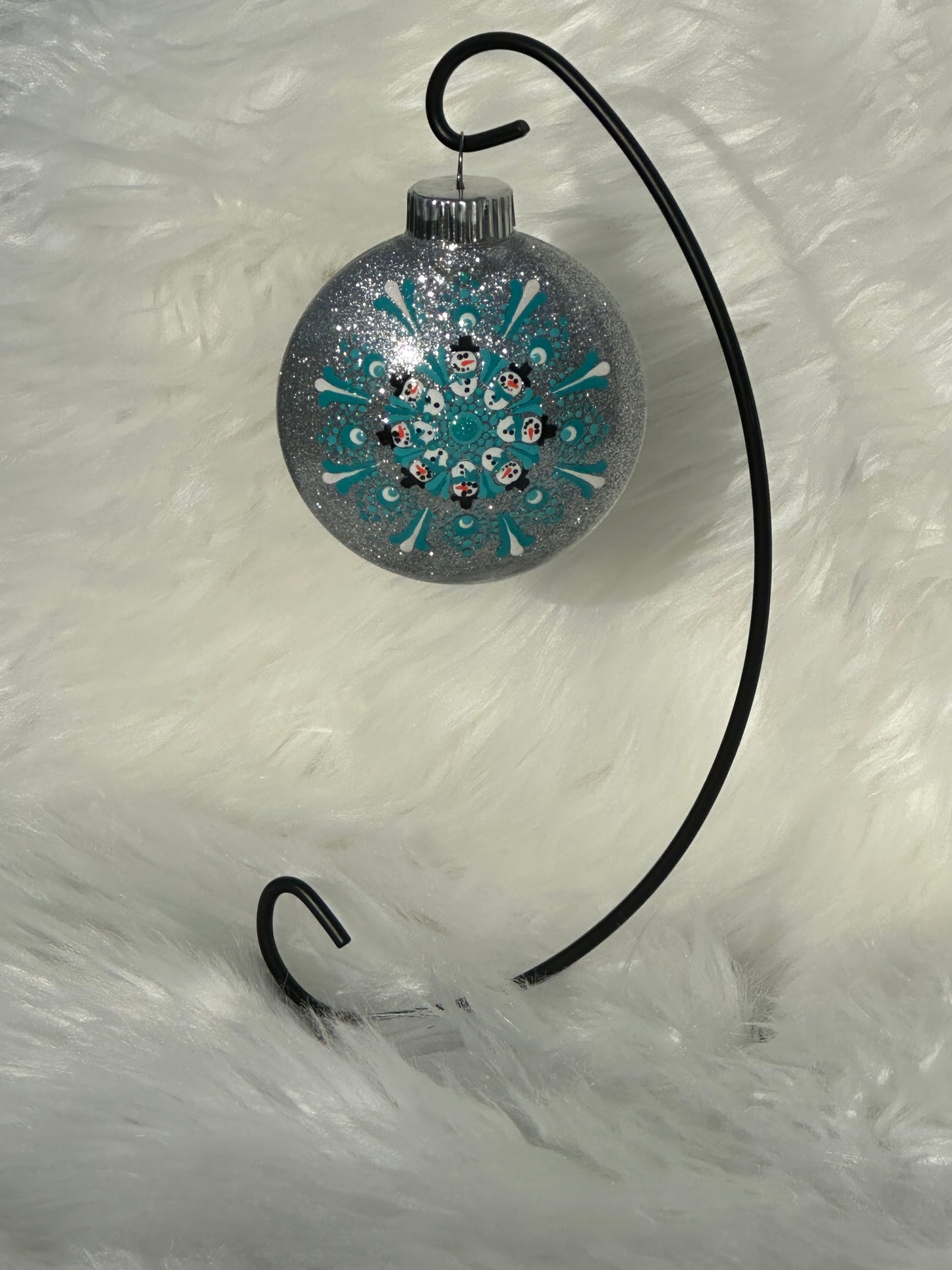 Glitter Christmas Ornament - Disc / Round - Silver, Turquoise, White - Snowmen