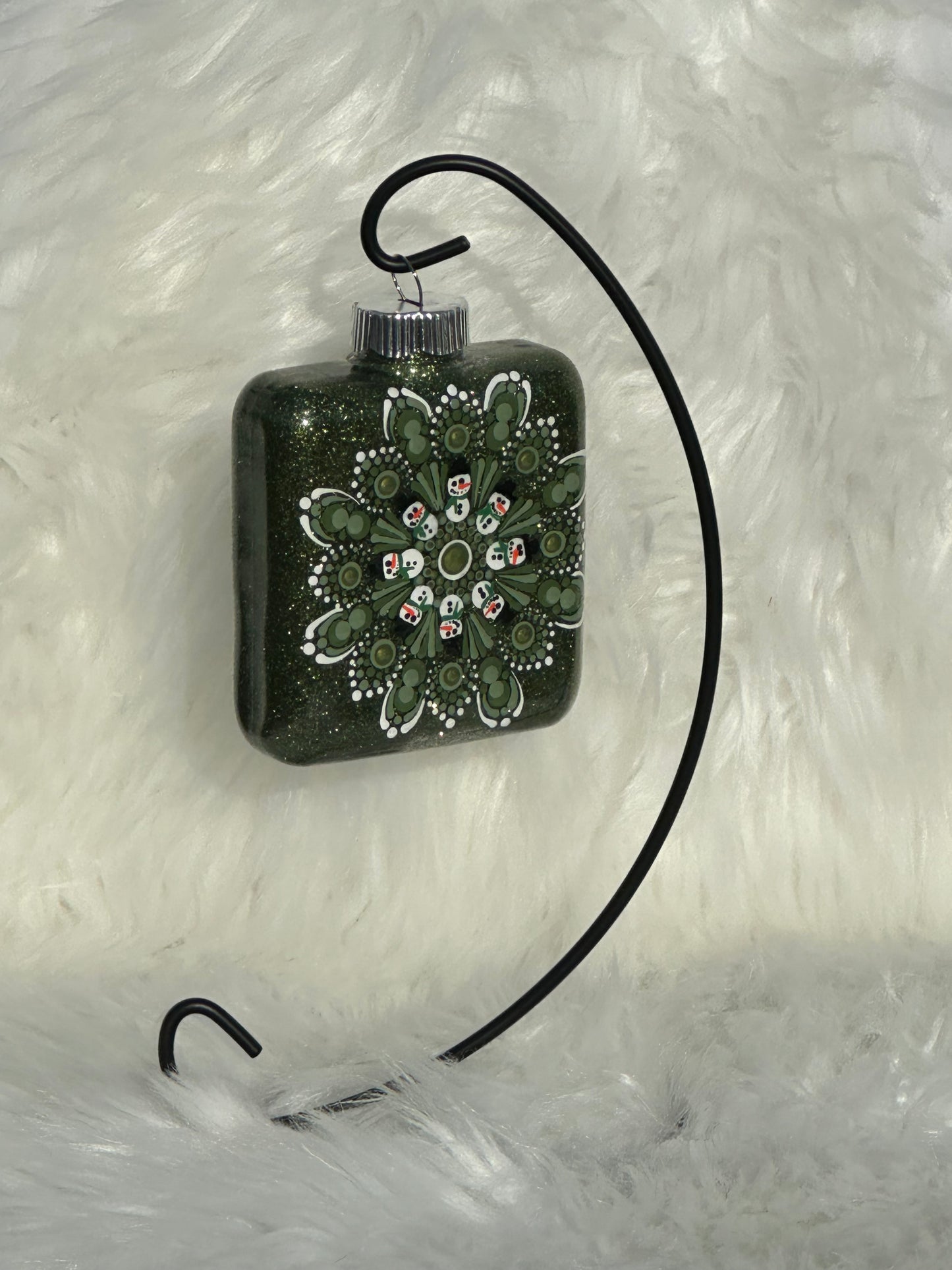 Glitter Christmas Ornament - Square - Dark Green, White Snowmen