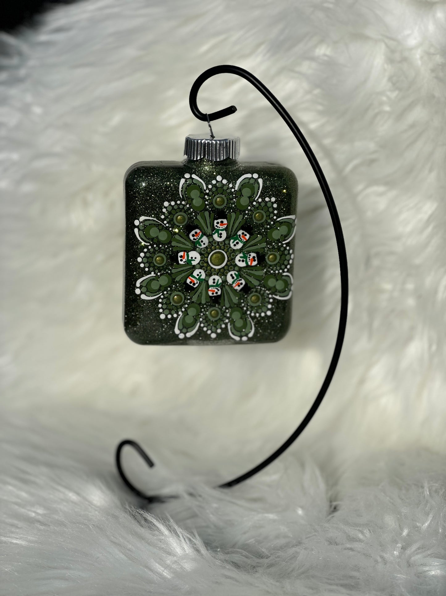 Glitter Christmas Ornament - Square - Dark Green, White Snowmen