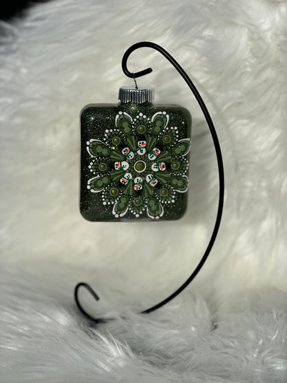 Glitter Christmas Ornament - Square - Dark Green, White Snowmen
