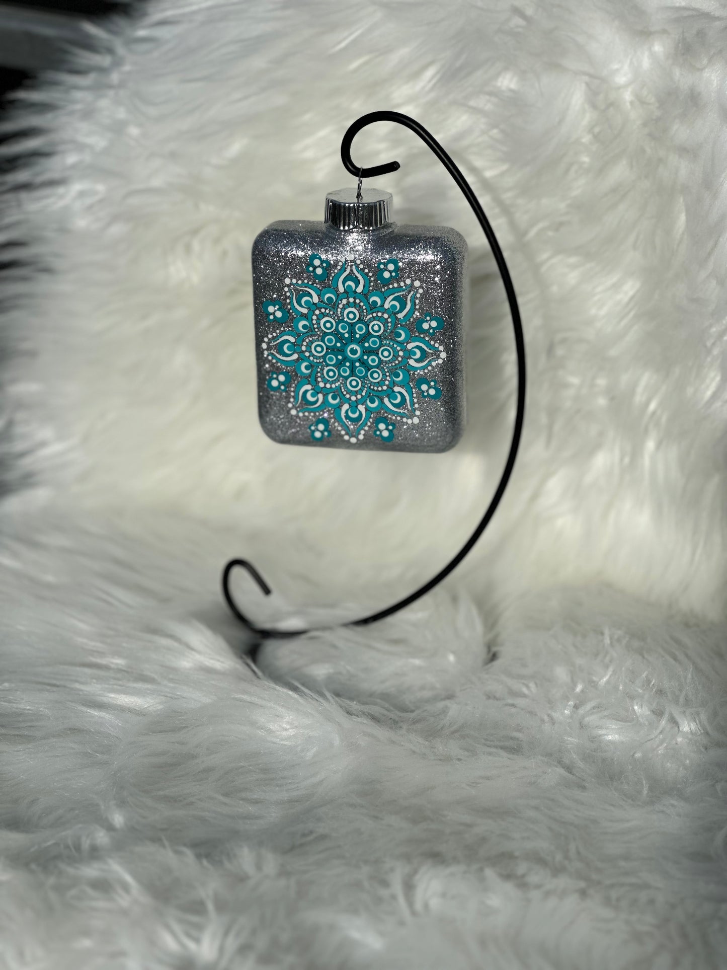 Glitter Christmas Ornament - Square - Silver, White and Turquoise