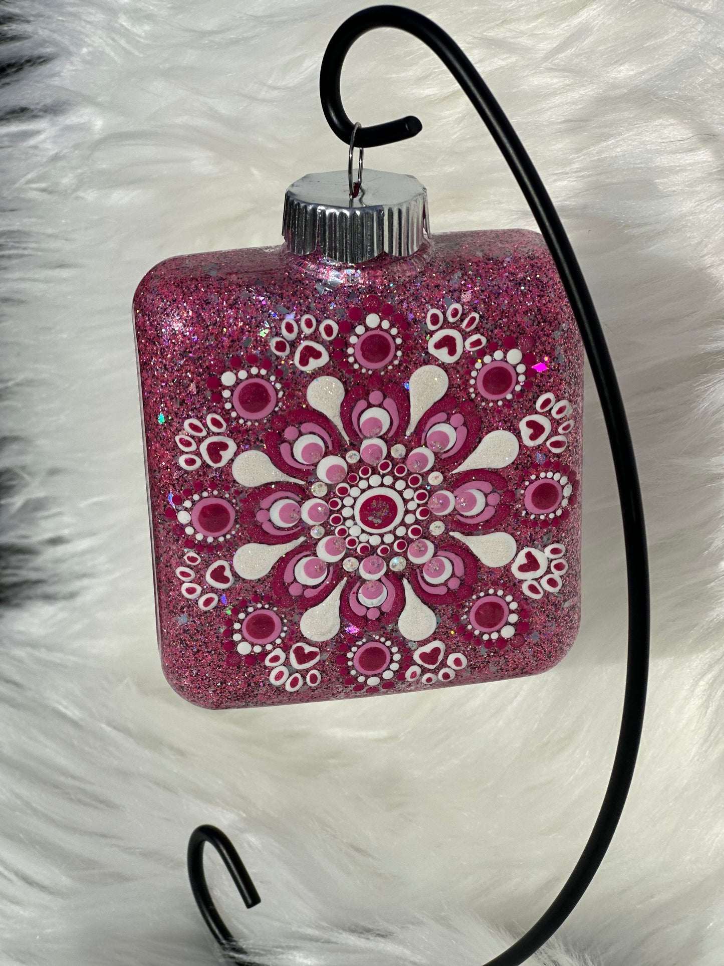 Glitter Christmas Ornament - Square - Pinks, White - Dog Paws