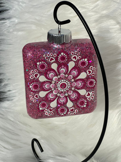 Glitter Christmas Ornament - Square - Pinks, White - Dog Paws