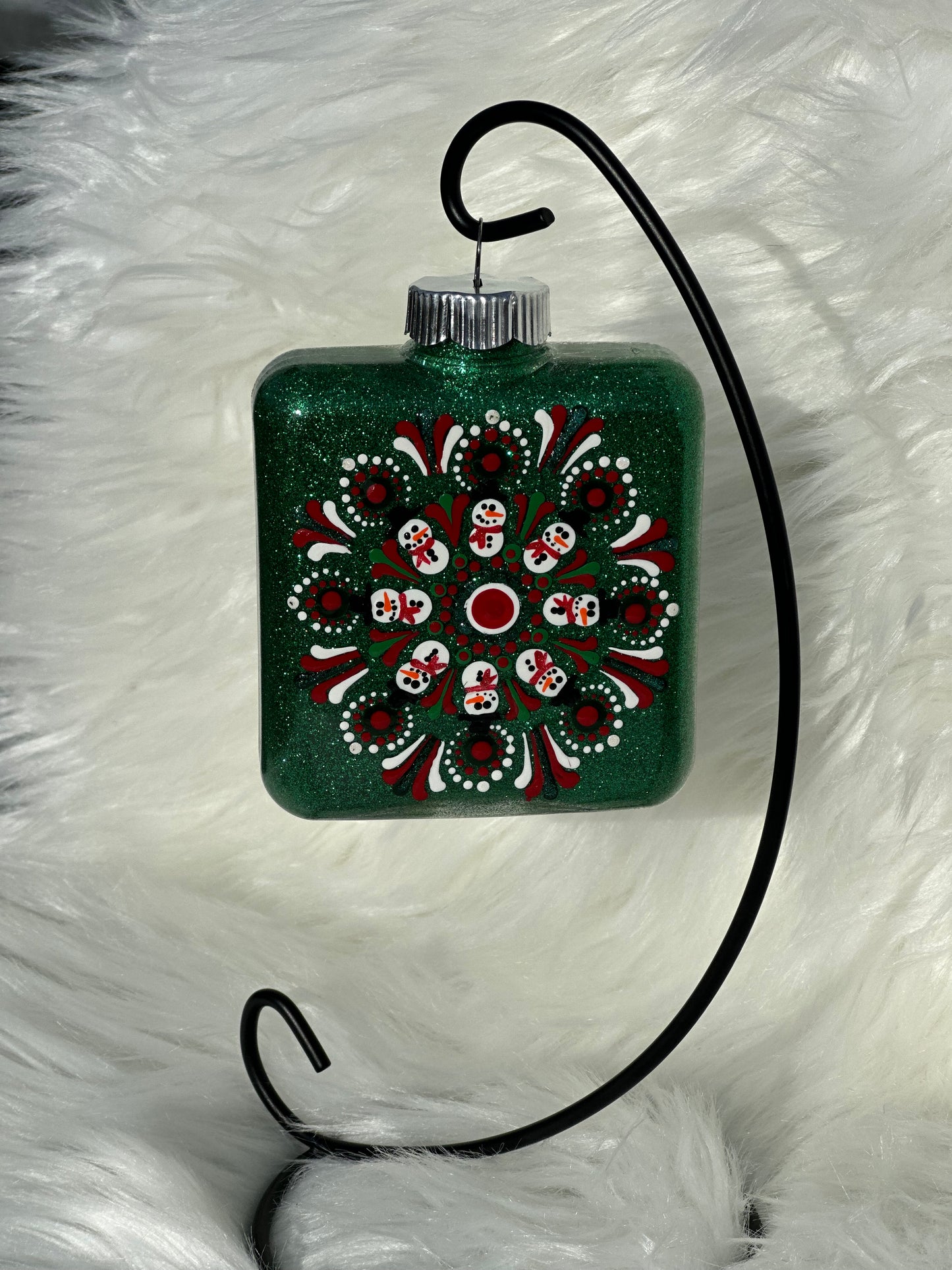 Glitter Christmas Ornament - Square - Green, White, Red - Snowmen