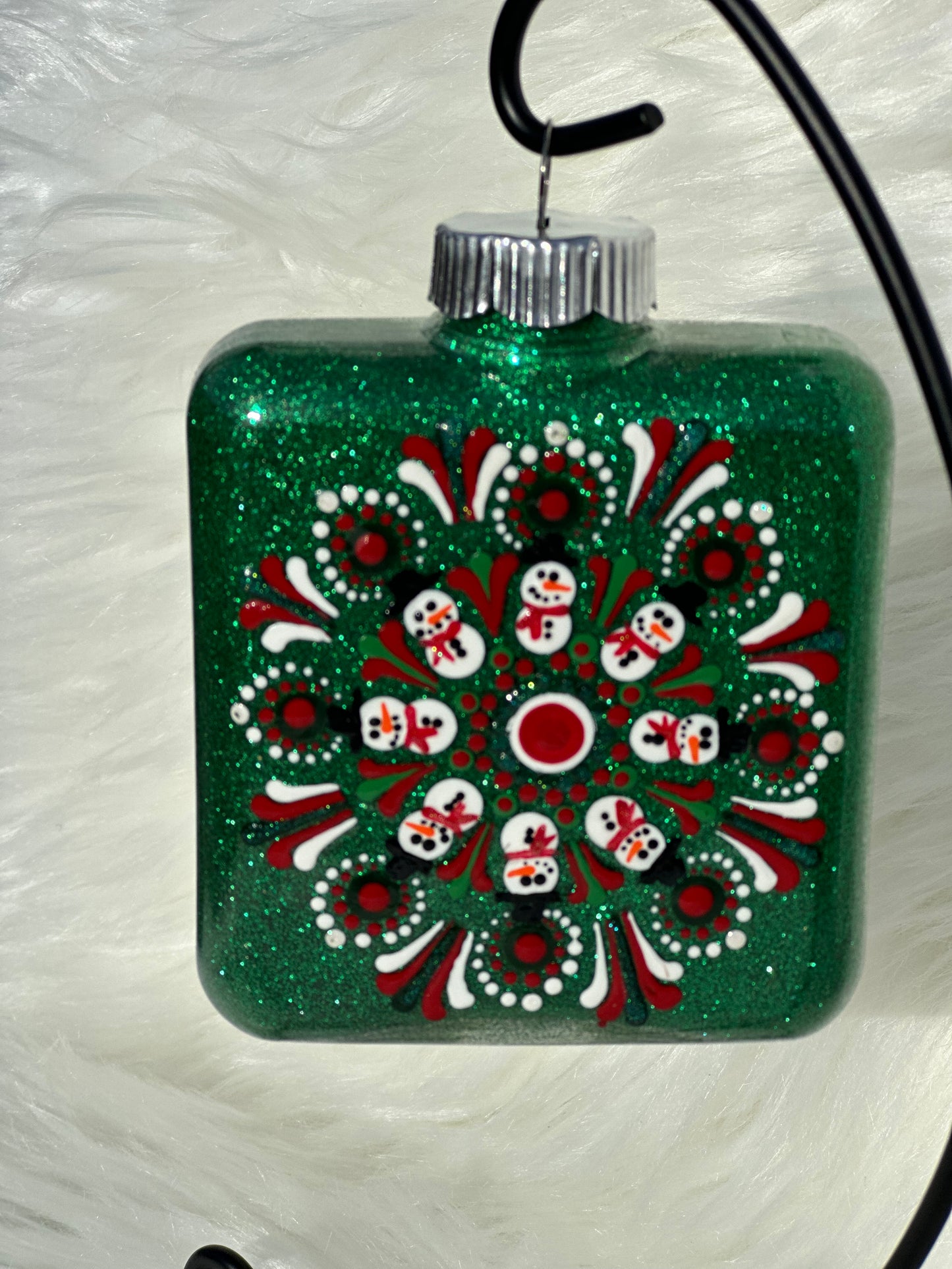 Glitter Christmas Ornament - Square - Green, White, Red - Snowmen