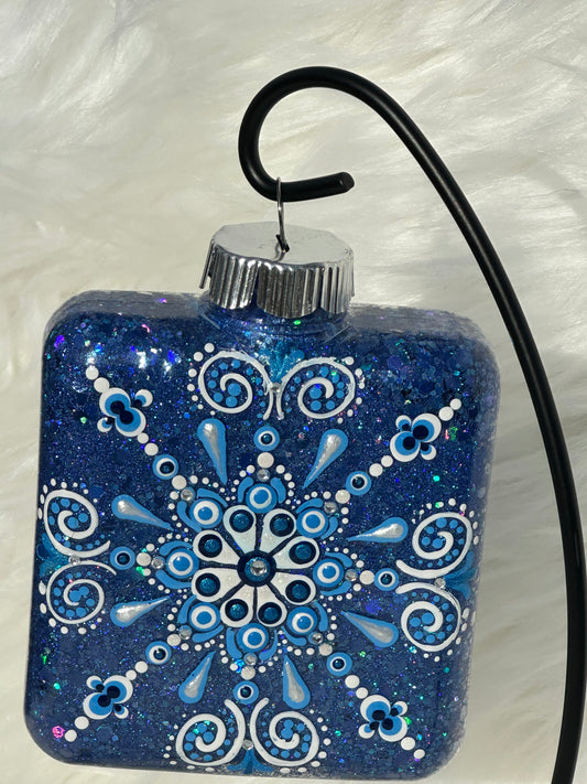 Glitter Christmas Ornament - Square - Blues, White, Rhinestones